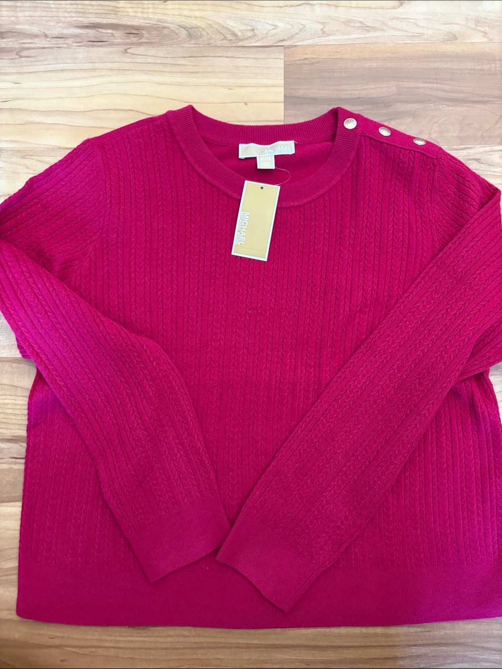 NWT Michael Kors Raspberry Pink Cable-Knit Crewneck Sweater w/Gold Buttons